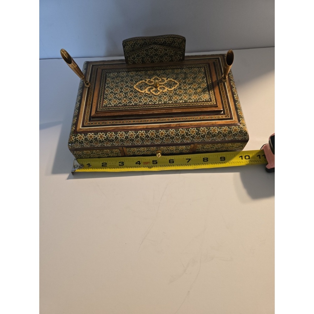 Handcrafted Inlay Desk Organizer Persian Khatam Marquetry Pen Card Holder Box - Picture 8 of 9
